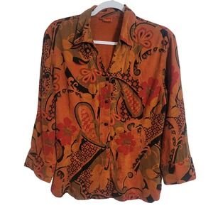 Tianello Womens Orange Paisley Floral Tencel Rayon Button Down Shirt Size Medium